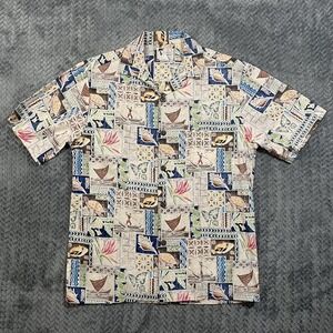 Y Not Hawaii Aloha Shirt Mens M Vintage Fish Canoe Tribal Purple Button Down